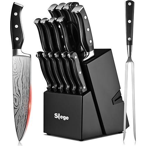 Knife Set, Slege 18-Piece Knife Sets for Kitchen with Block, Stainless Steel Kitchen Knives with Built-in Sharpener, Kitchen Shears and Carving Fork, Black