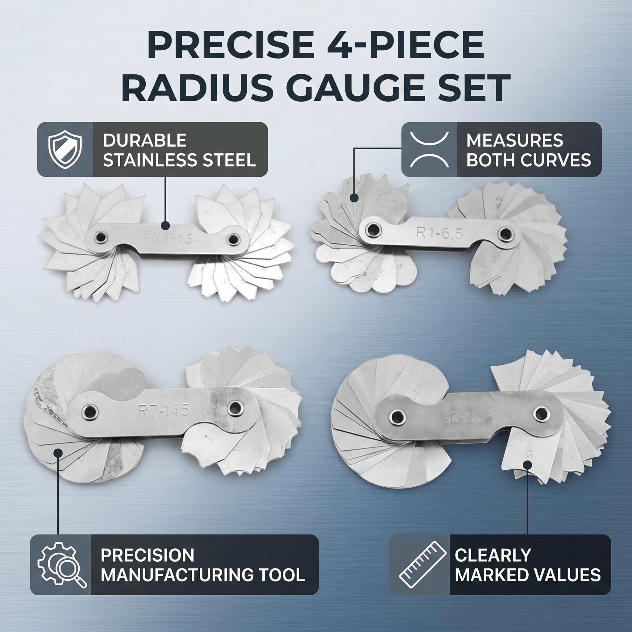 Raggio Strumento di misura convesso concavo in acciaio inossidabile R0.3-1.5 R1-6.5 R7-14.5 R15-25 per costruttori utensili stampi