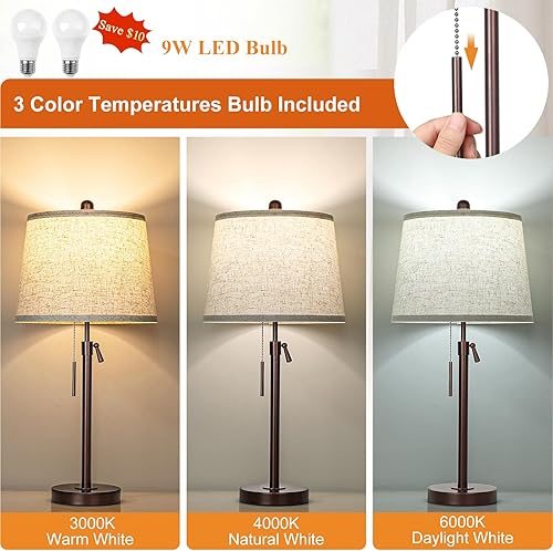 Miniatura 3 de Juego de 2 lámparas de mesita de noche, de 22 a 30 pulgadas de altura ajustable  Lámparas modernas regulables de 3 vías con pantalla de tela beige,