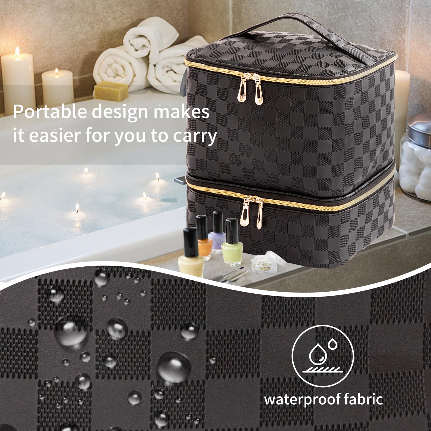 Nail Polish Organizer Bag with Handles - Holds 30 Bottles (15ml - 0.5 fl.oz)，Travel Case Portable Storage Bag for Manicure Set (Checkered Black)