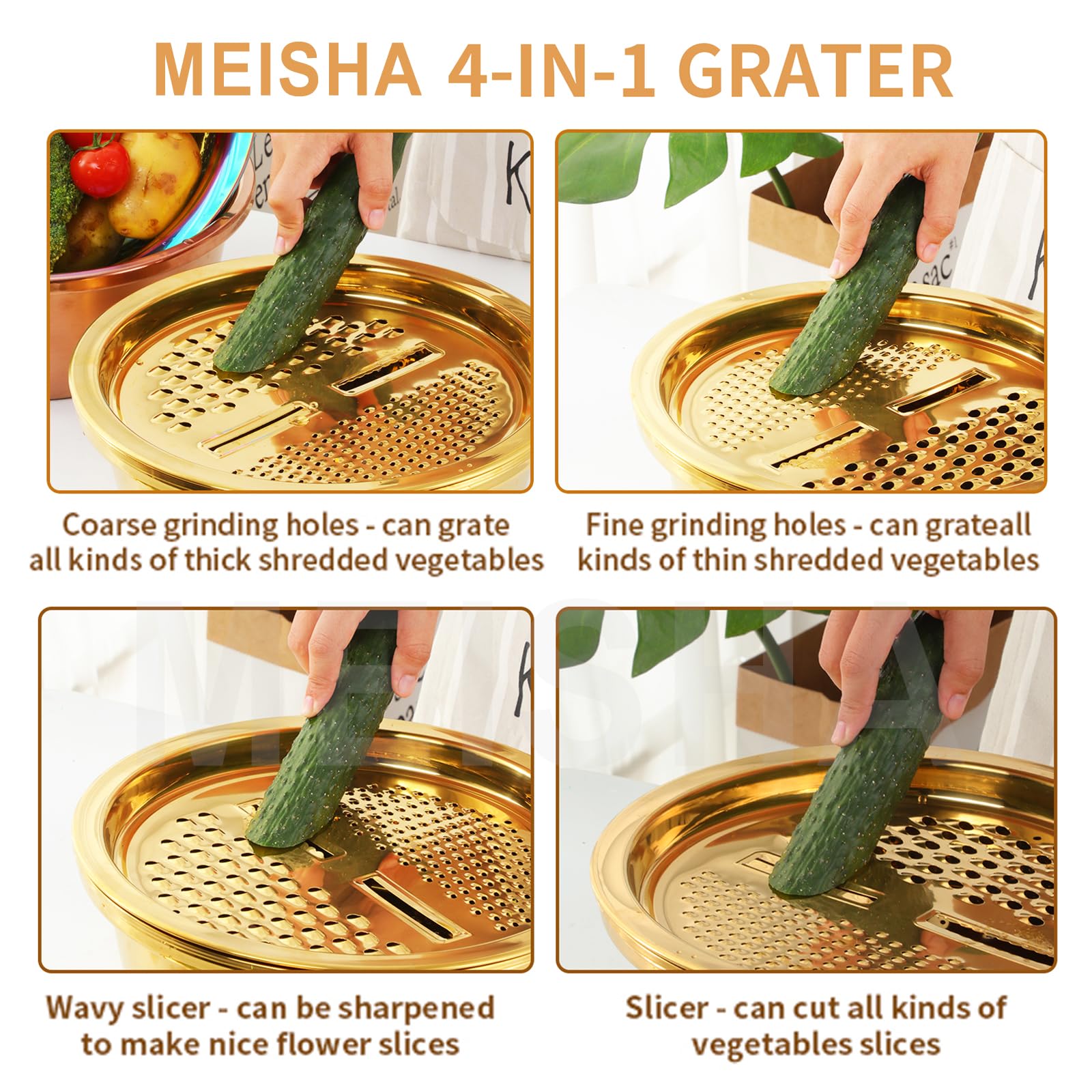 Meisha - Colador de 3 piezas, herramienta de cocina de acero inoxidable, cesta de drenaje 3 en 1, cortador de frutas y verduras, juego de cuencos, rallador de cesta de drenaje para frutas, verduras, 4