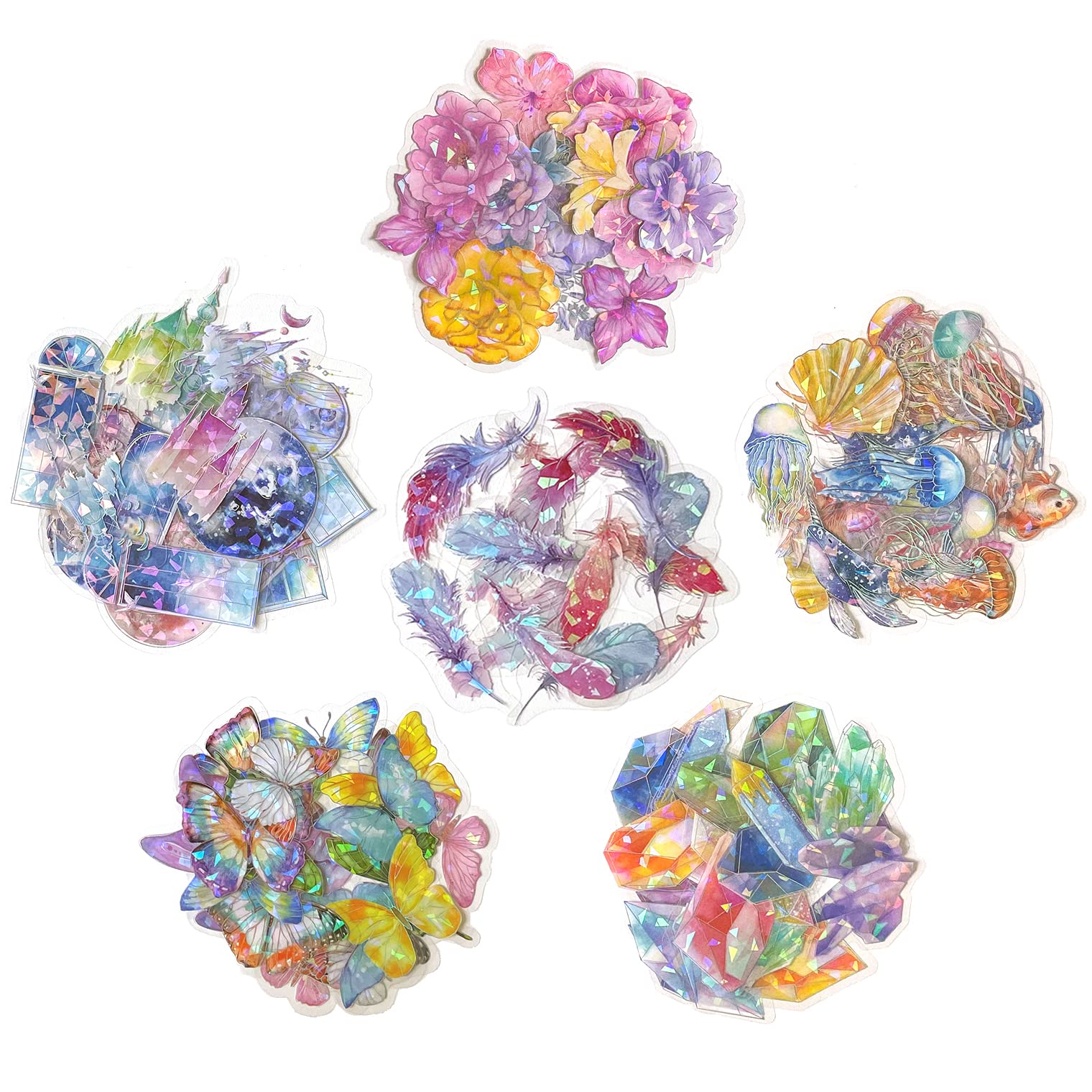 Maxleaf 120PCS Laser Dazzle Flowers Feathers Butterflies Crystal Ocean Stickers for Art Journaling Planners Scrapbook DIY Crafts Decoration, 6 Series Nature Theme Lacer Shine Stickers Set