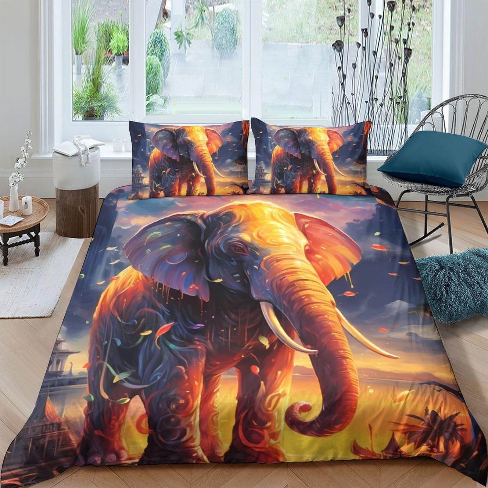 Ctjqhvkz Style-10 3D Printed Sunset Elephant Fitted Sheet Microfiber Soft Animal Jungle Bed Cover For Bedroom Guest Room Decor Single（135X200cm）