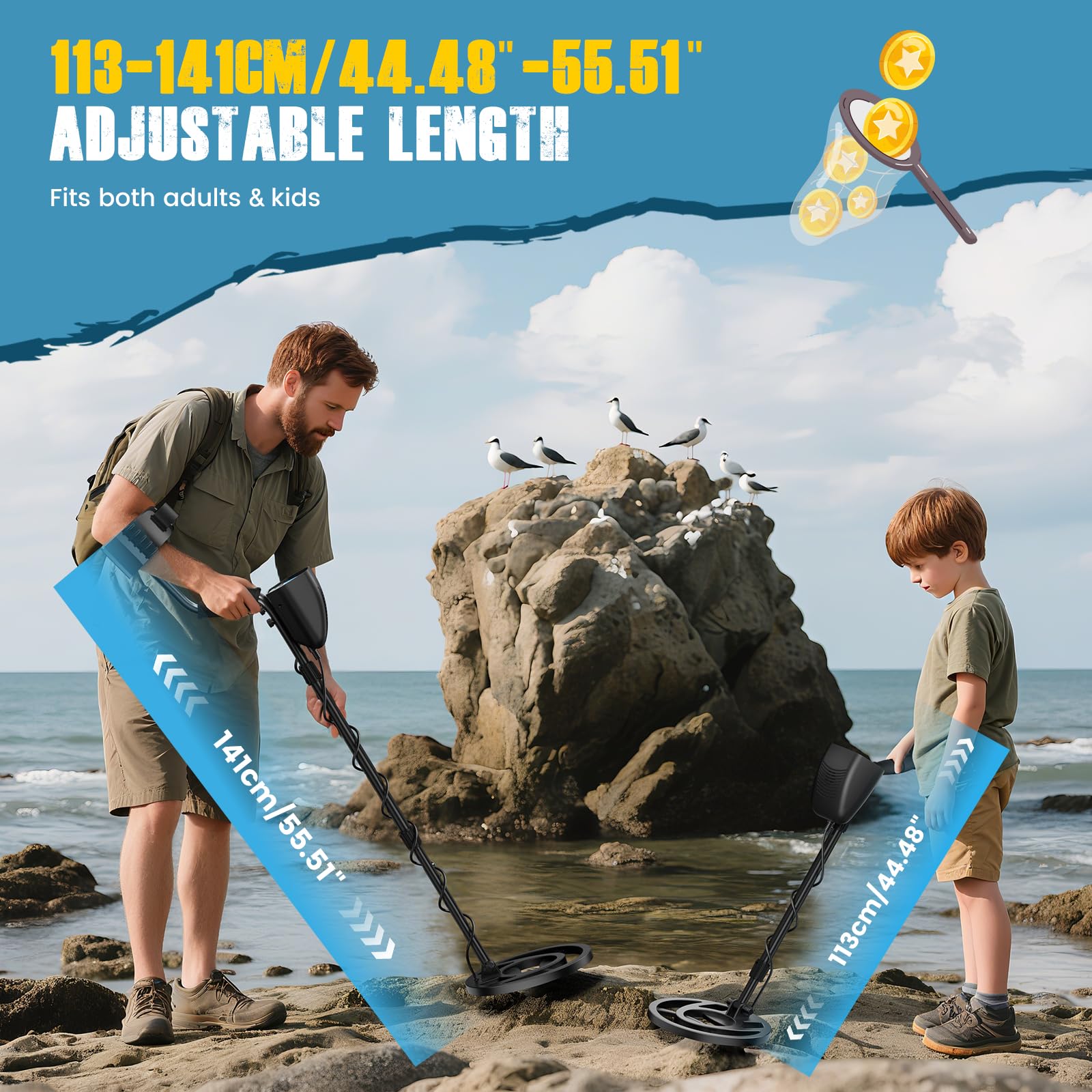 Metalldetektor für Erwachsene und Kinder, Länge, Empfindlichkeit und Audio einstellbar, alle Metall-/DISC-/PP-Modi, LCD-Display, professionelles Golddetektor-Set für Strand, Garten (Blau)