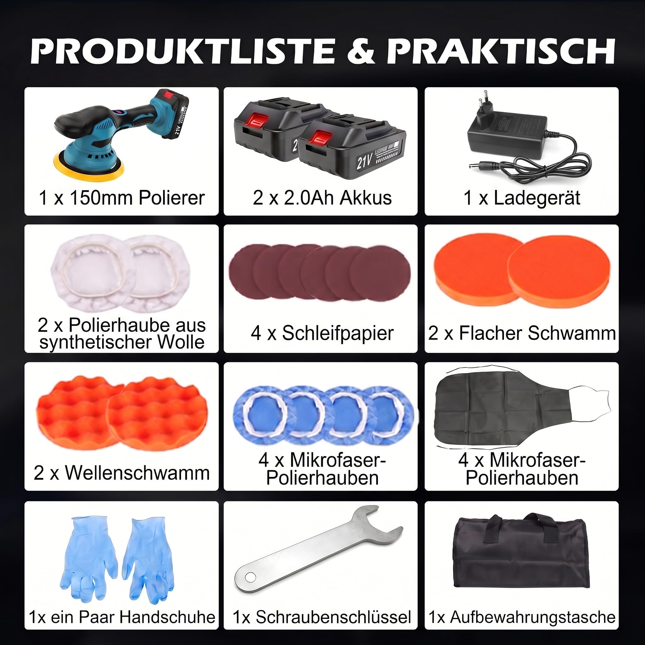 Poliermaschine Auto Akku, Pulidora Coche Inalambrica | mit 2 Stück 21V 1.5A 1300mAh & 8 Variable Geschwindigkeit 5500RPM für die Autopflege Polieren Wachsen Entfernen