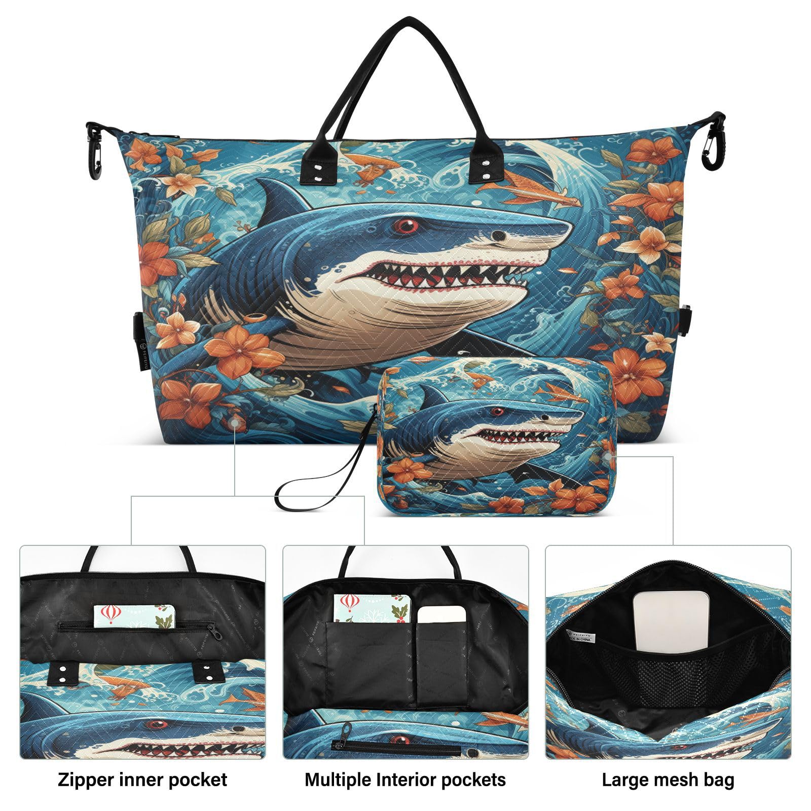 Coo Floral Shark Sports Swim Gym Bag Weekender Duffel Travel Bags Handbag with Makeup Storage Bag for Girls Men
