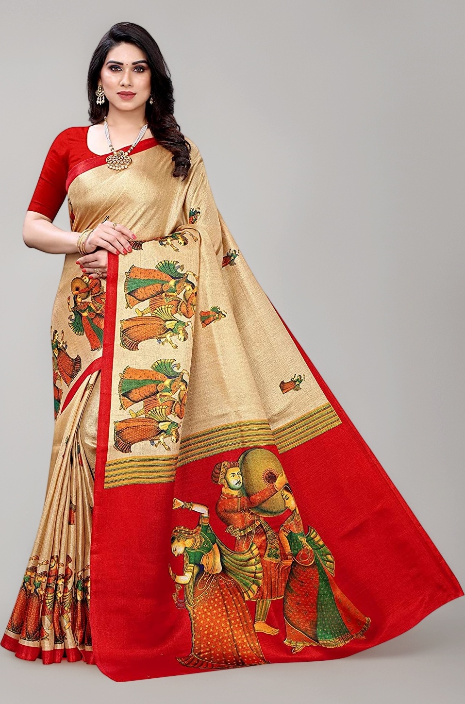 Womens Printed Art Silk Saree With Blouse Piece(RAJARANI CHICKU_Free Size)