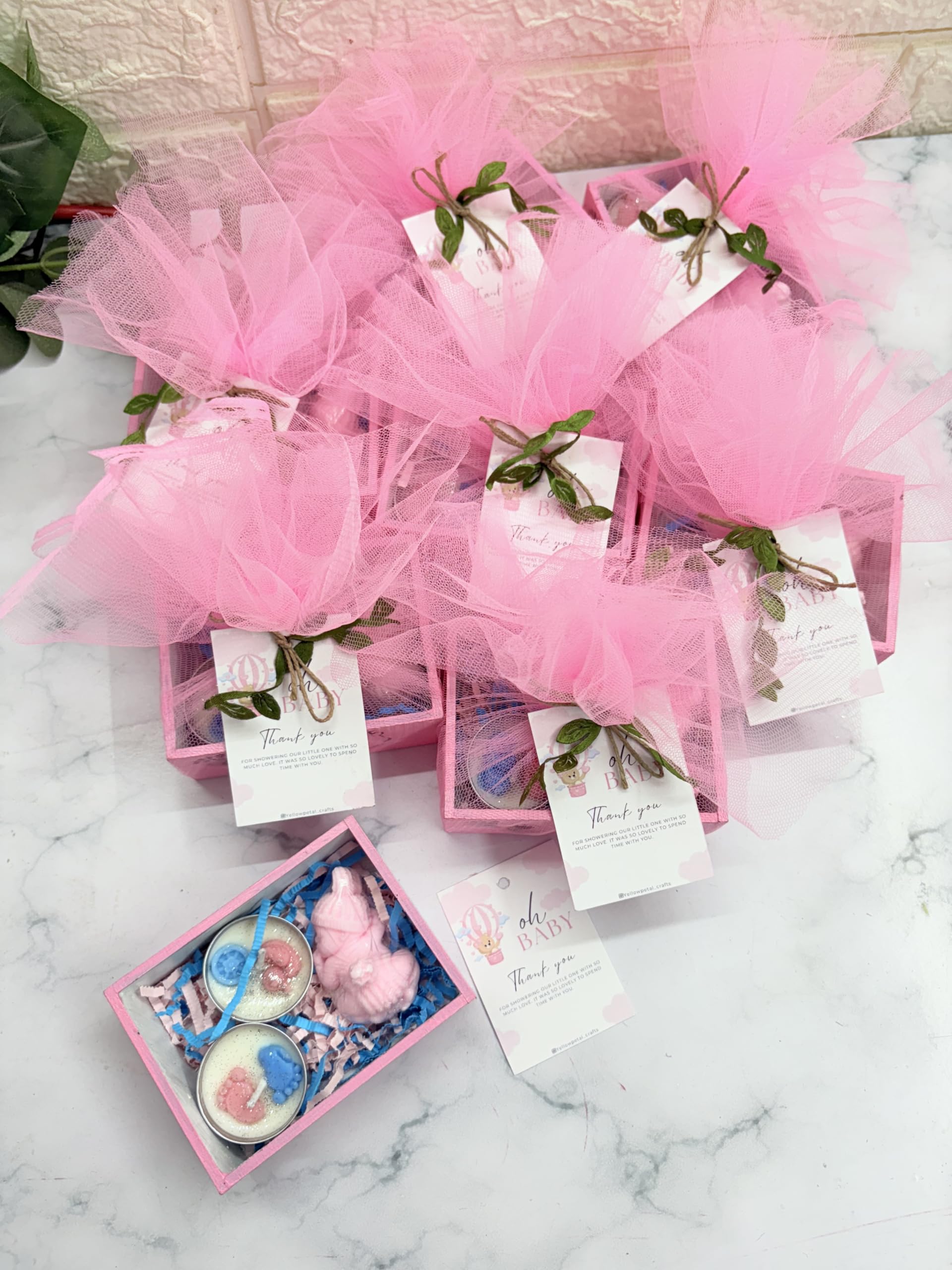 Yellow Petal Baby Shower & Birthday Return Gift- Mini MDF Tray Soap and Candle Combo, Net & Card Packing, Pink Colour, 100% Soy Scented Candles and Handmade Soap (8 Sets)-image-20