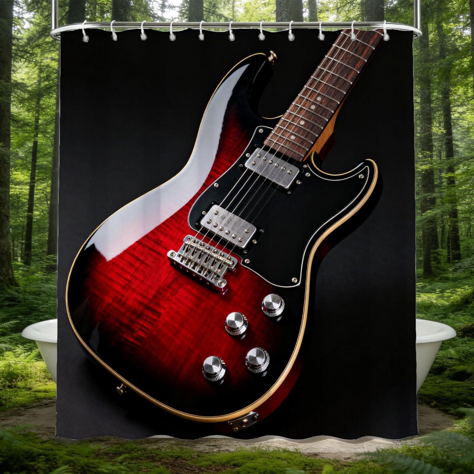 Hongduo 3D Electric Guitar Shower Curtain for Stalls Bathtubs Rock Style Bathroom Decor Shower Curtain Set Polyester Fabric Waterproof 200x200cm/79X79 Inch with Hooks