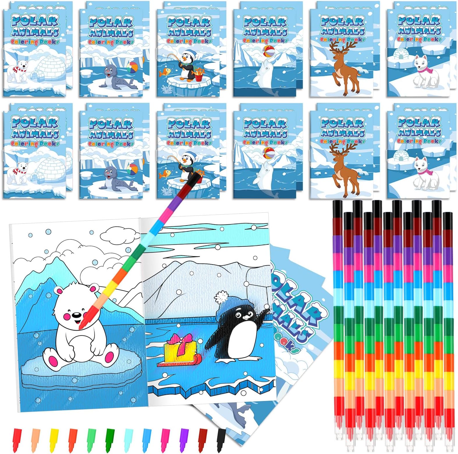 Gueevin 48 Pcs Polar Animals Coloring Books 24 Winter Theme DIY Art Booklet and 24 Stacking Crayons Mini Drawing Book Arctic Bear Penguin Birthday Party Goodie Bag Gift Stuffer Classroom Activity