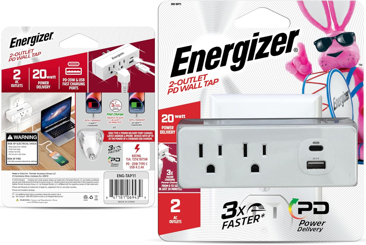 Energizer 4 Packs of 4 Device Fast Charging Multi Plug Wall Outlet Extender (2) AC Power Outlets (1) 20W PD Type C Port (1) 18W USB A Port Power Strip Expander Outlet Splitter Plug in Adapter