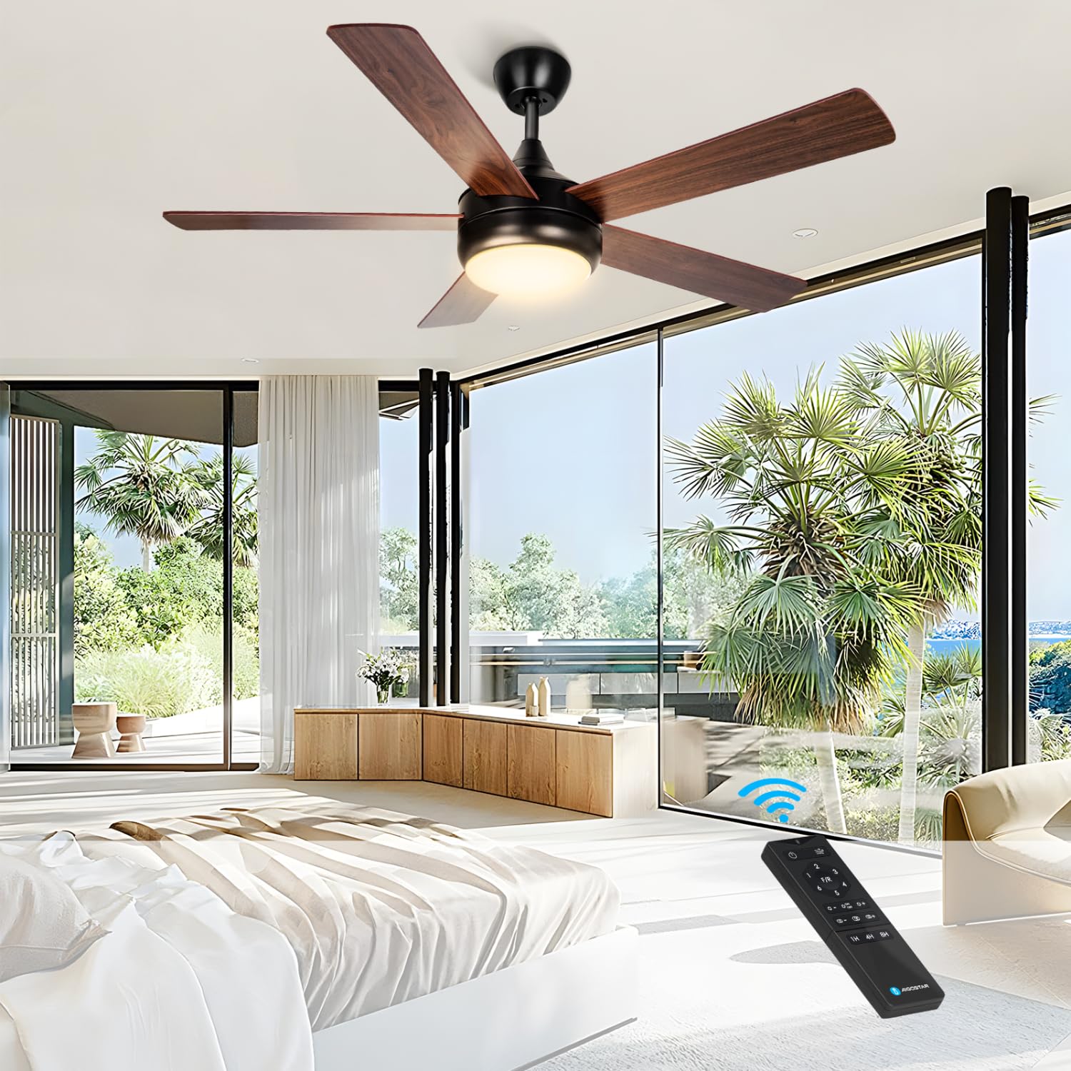 Aigostar 52'' Long Ceiling Fans Lights with Remote, 6 Speed Quiet Ceiling Air Farmhouse Fan Dimmable 3 CCT LED Light, Flush Mount Reversible DC Motor Timing Fan for Livingroom Bedroom Indoor Patio