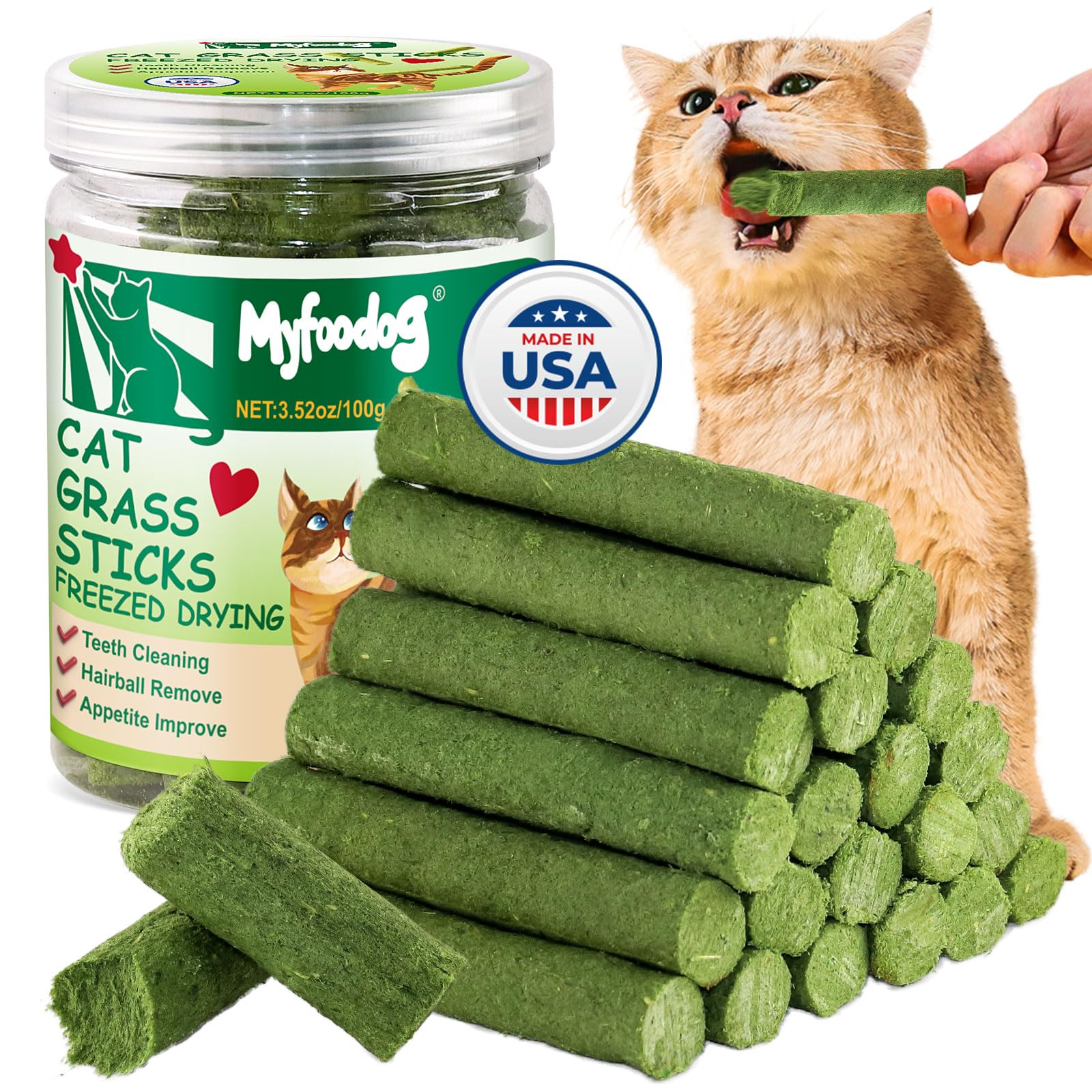 Myfoodog Freezed Drying Cat Grass Stick, Cat Grass Teething Sticks Snacks for Cats, Edible Dry Cats Treats for Teeth Cleaning and Hairball Removal, Made in USA