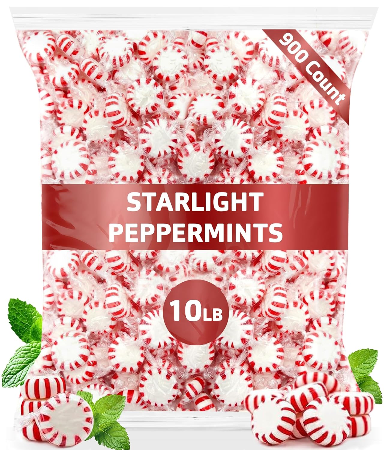 Bulk Starlight Peppermints Hard Candy  Approx. 900 Pieces, 10 lb Bag  Individually Wrapped Peppermint Discs for Parties, Candy Bowls & Holiday Treats