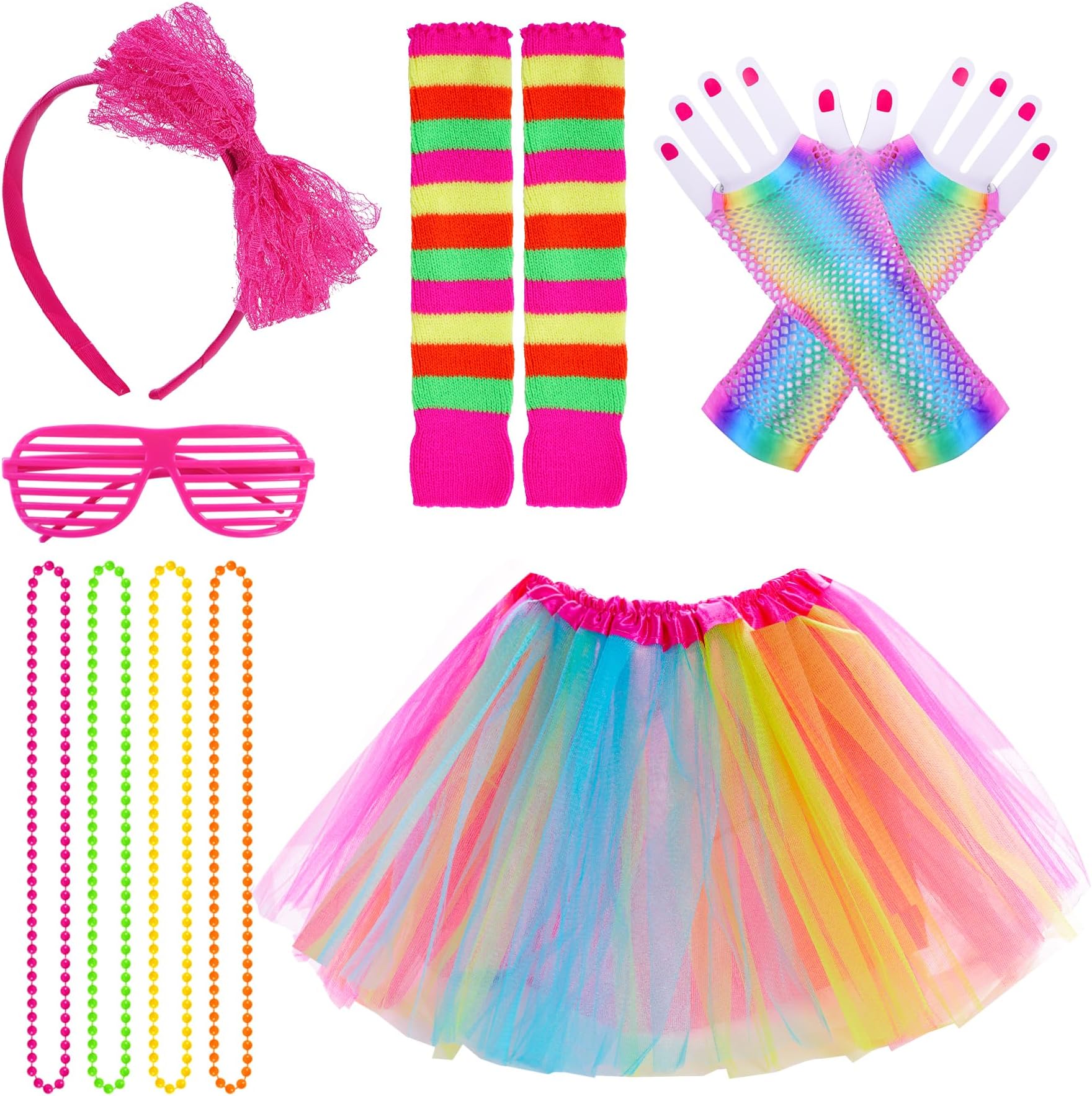 jiebor80s Costume Accessories Outfits Tutu Skirt Leg Warmers Fishnet Gloves Shutter Glass Headband Necklace for 80s Party Halloween