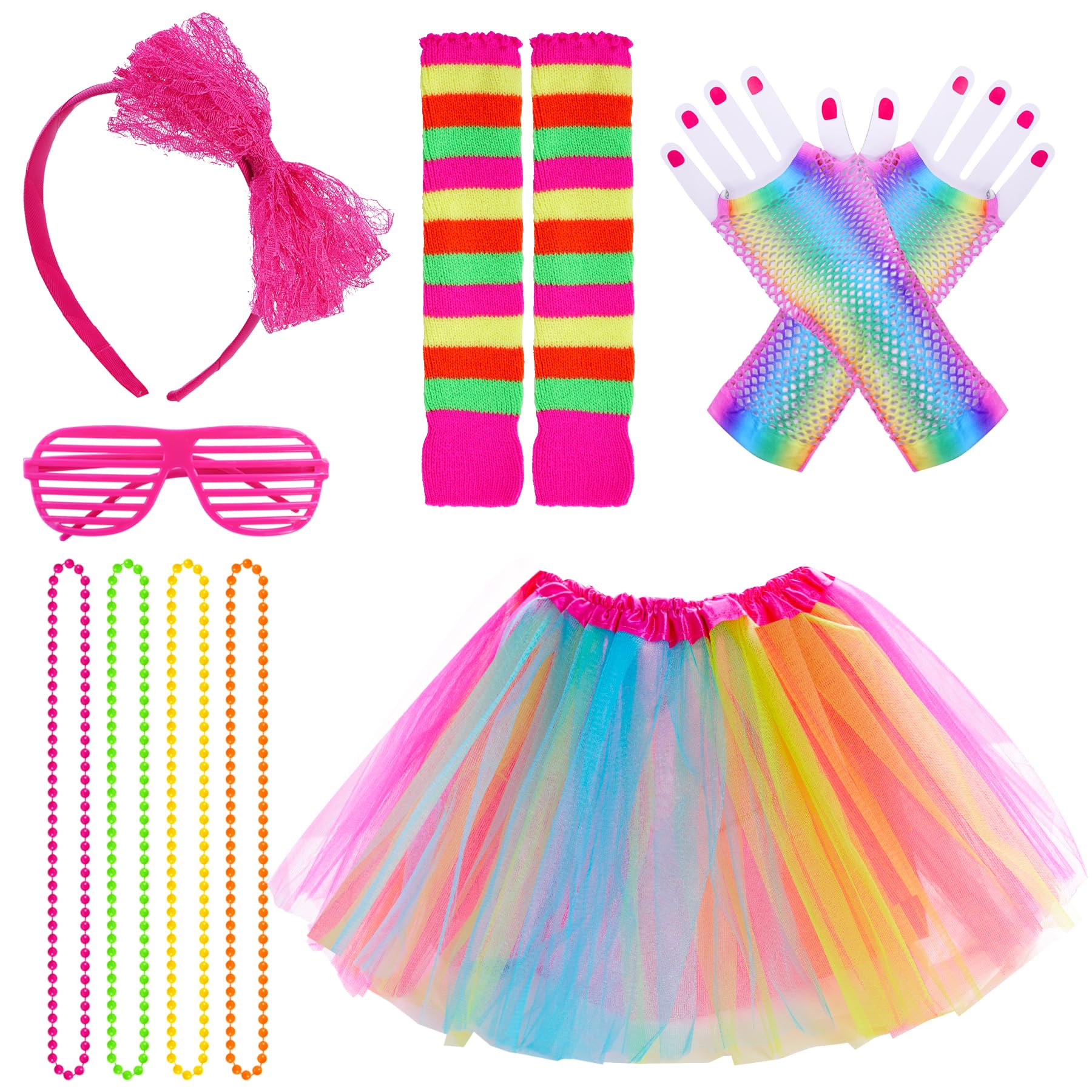 jiebor80s Costume Accessories Outfits Tutu Skirt Leg Warmers Fishnet Gloves Shutter Glass Headband Necklace for 80s Party Halloween