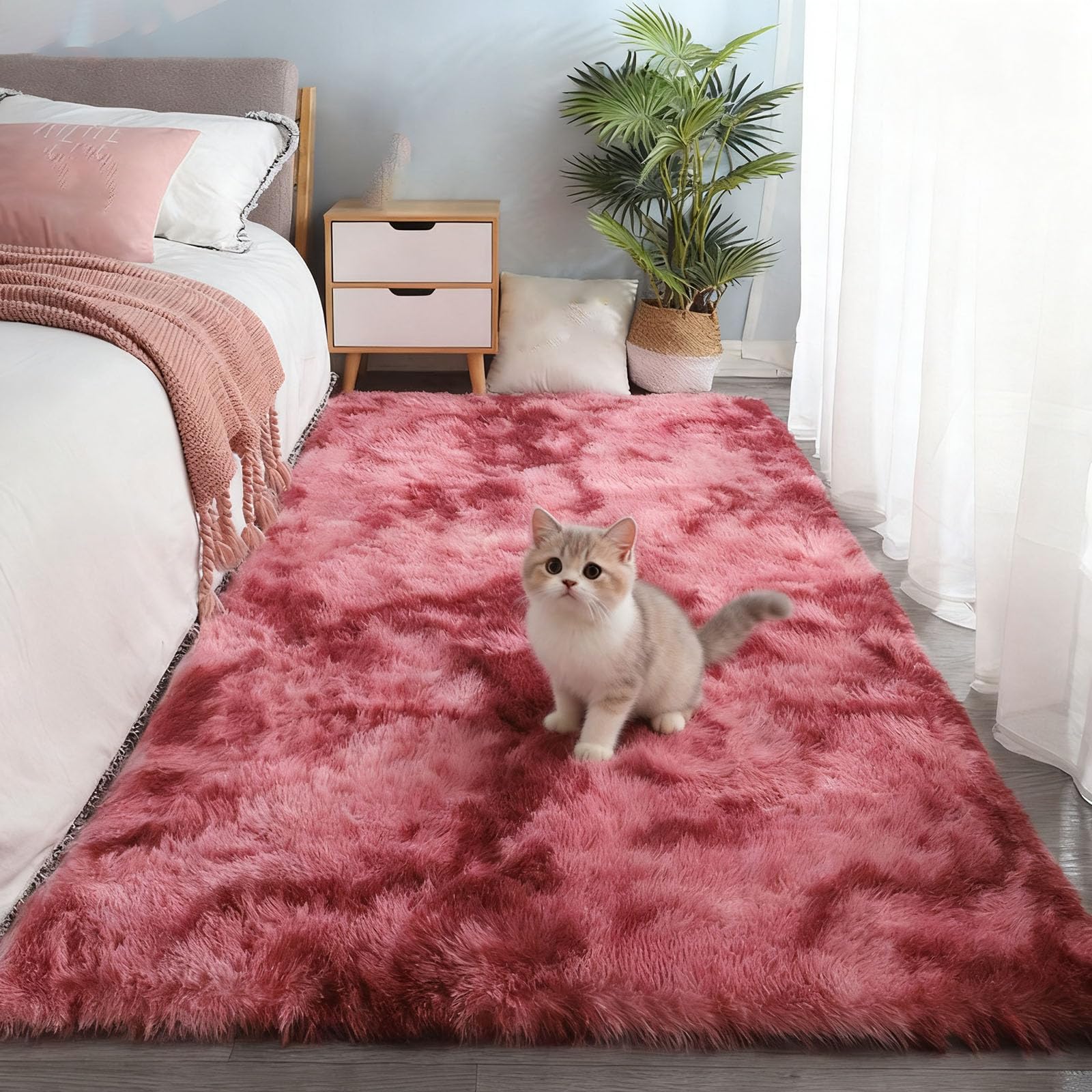 Tapis doux à poils longs rose 100x200 cm antidérapant et lavable