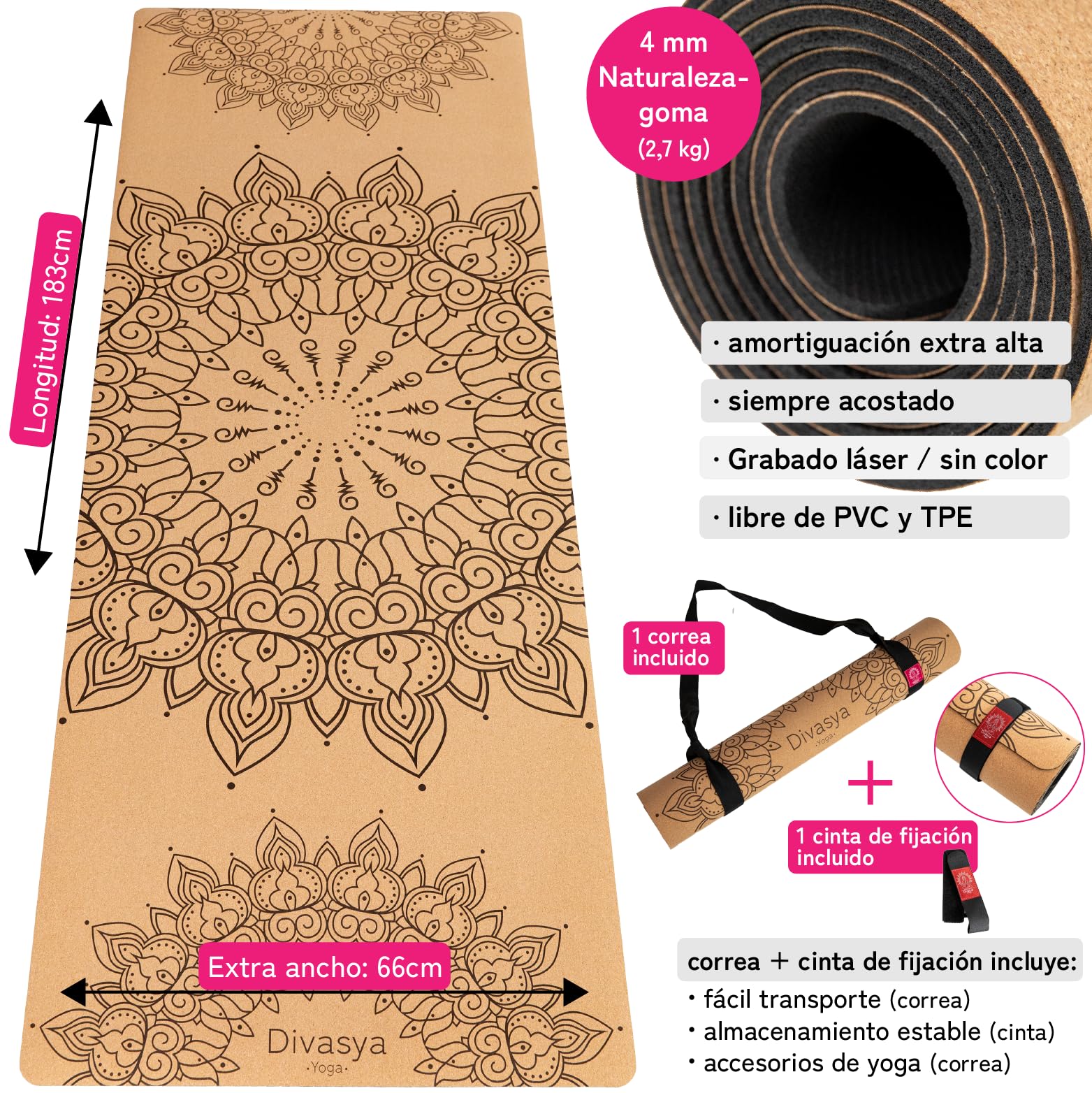 Esterilla de yoga premium de corcho antideslizante: de caucho natural antideslizante y corcho, natural y sostenible, extra ancha y extra gruesa (183 x 66 x 0,4 cm), correa de transporte