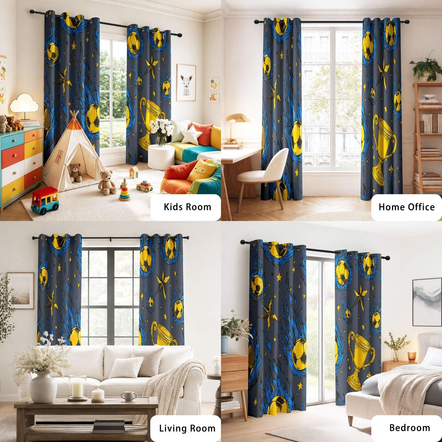 Generisch Dynamisch, Modisch Gardinen 225 x 140 cm | 2er Set Vorhänge Blickdicht - Flammen, Fußball, Goldener Pokal, Sterne - Ösenvorhang für Jungen und Mädchen