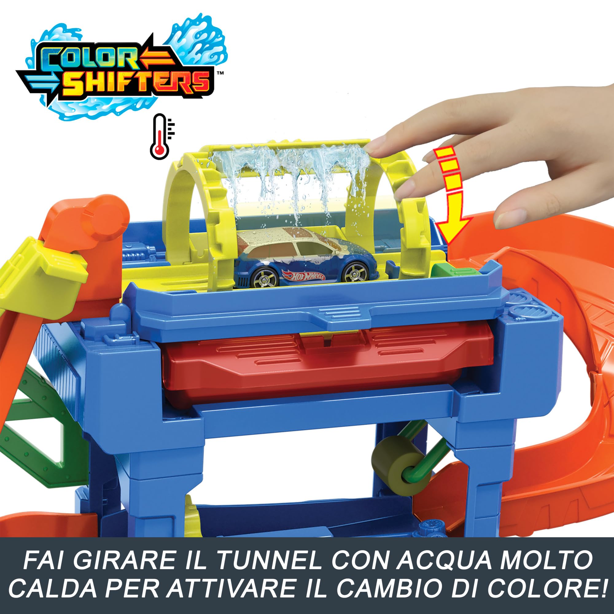 Hot Wheels 'Let's Race' Netflix - Autolavaggio con Tunnel, playset con pista e tunnel che spruzza acqua, include 1 veicolo in scala 1:64 cambia-colore in acqua calda e fredda, 3+ anni, HTN80