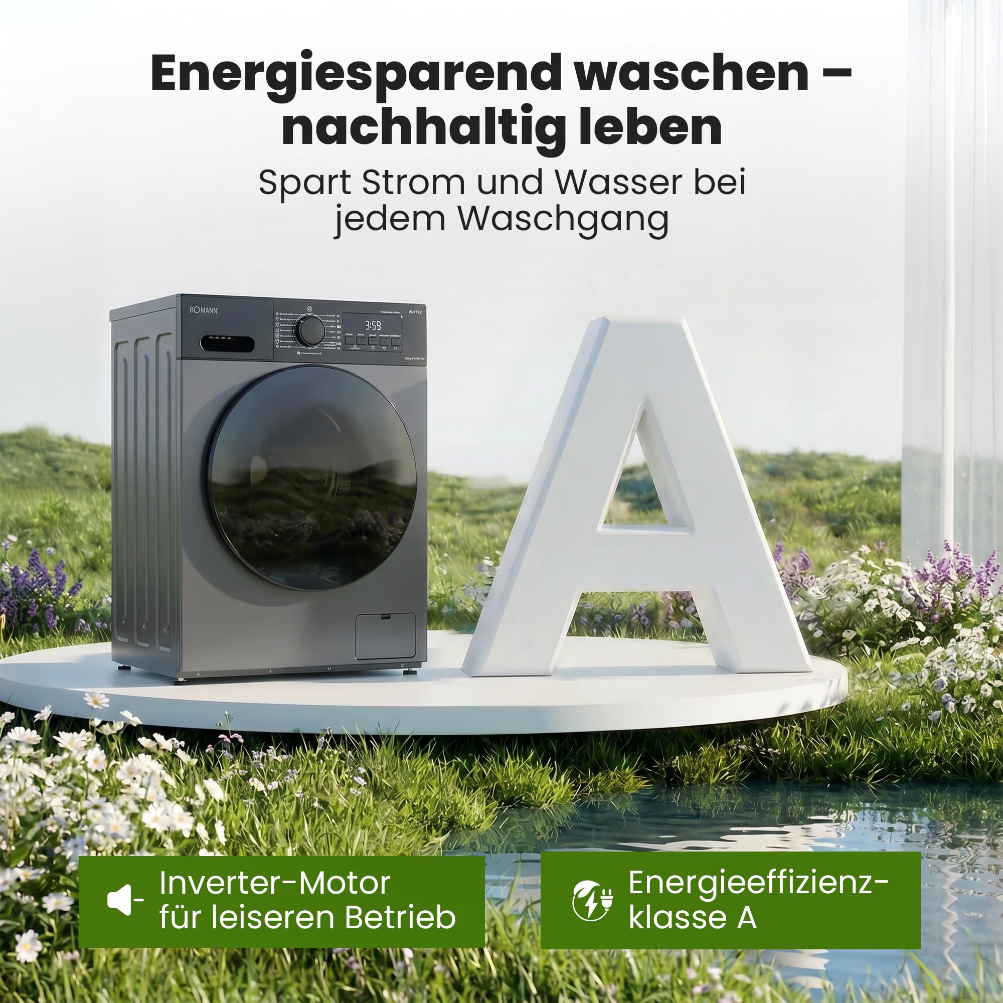 Bomann® Waschmaschine 10kg | 5 Jahre Motor-Garantie | Invertermotor - effizient, leise & langlebig | inkl. Aqua-Stop | max. 1400 U/min | 15 Programme | LED-Display | Washing Machine | WA 7112 schwarz