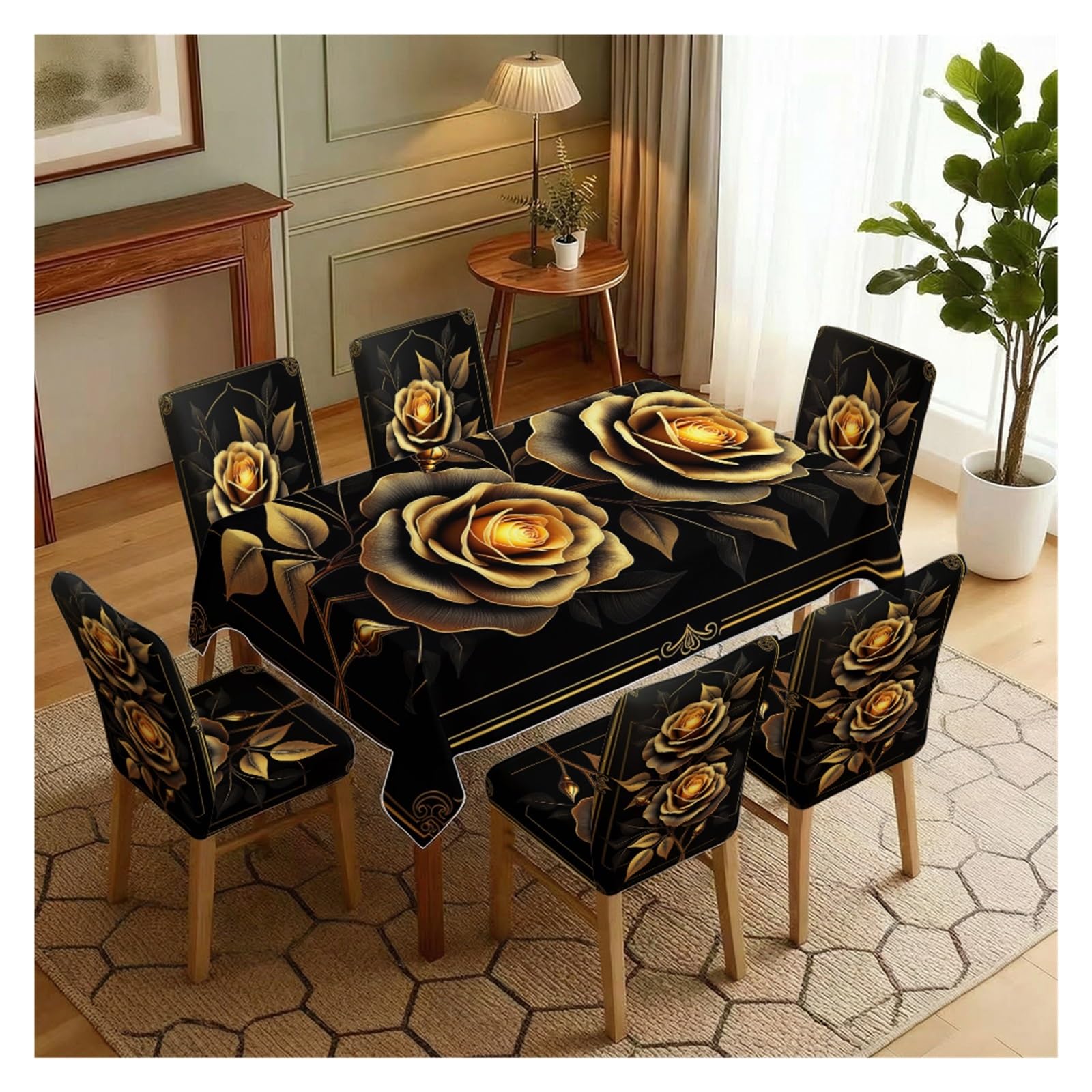 KXUAUV Luxury Black Gold Rose Print Tablecloth And Chair Covers Set, Stretch Slipcovers For Formal Banquet Dining Room Decor, 5/7 Pack Party Decor(7pcs Set: Tablecloth+Chair Covers)