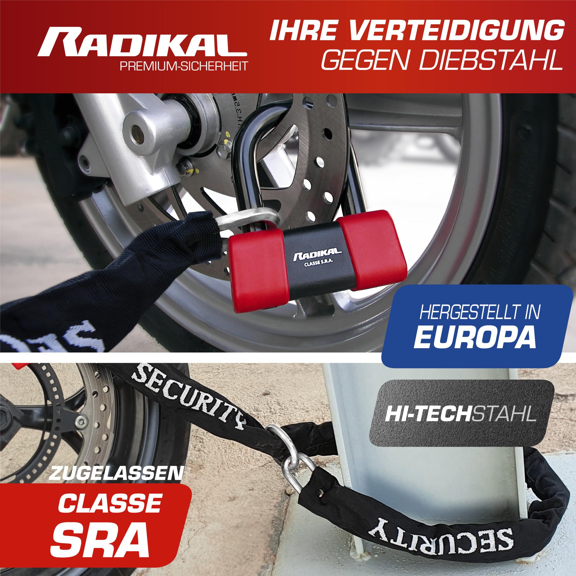 RADIKAL RK75+RK10120L Motorrad Kettenschloss, Homologiert SRA, 120cm