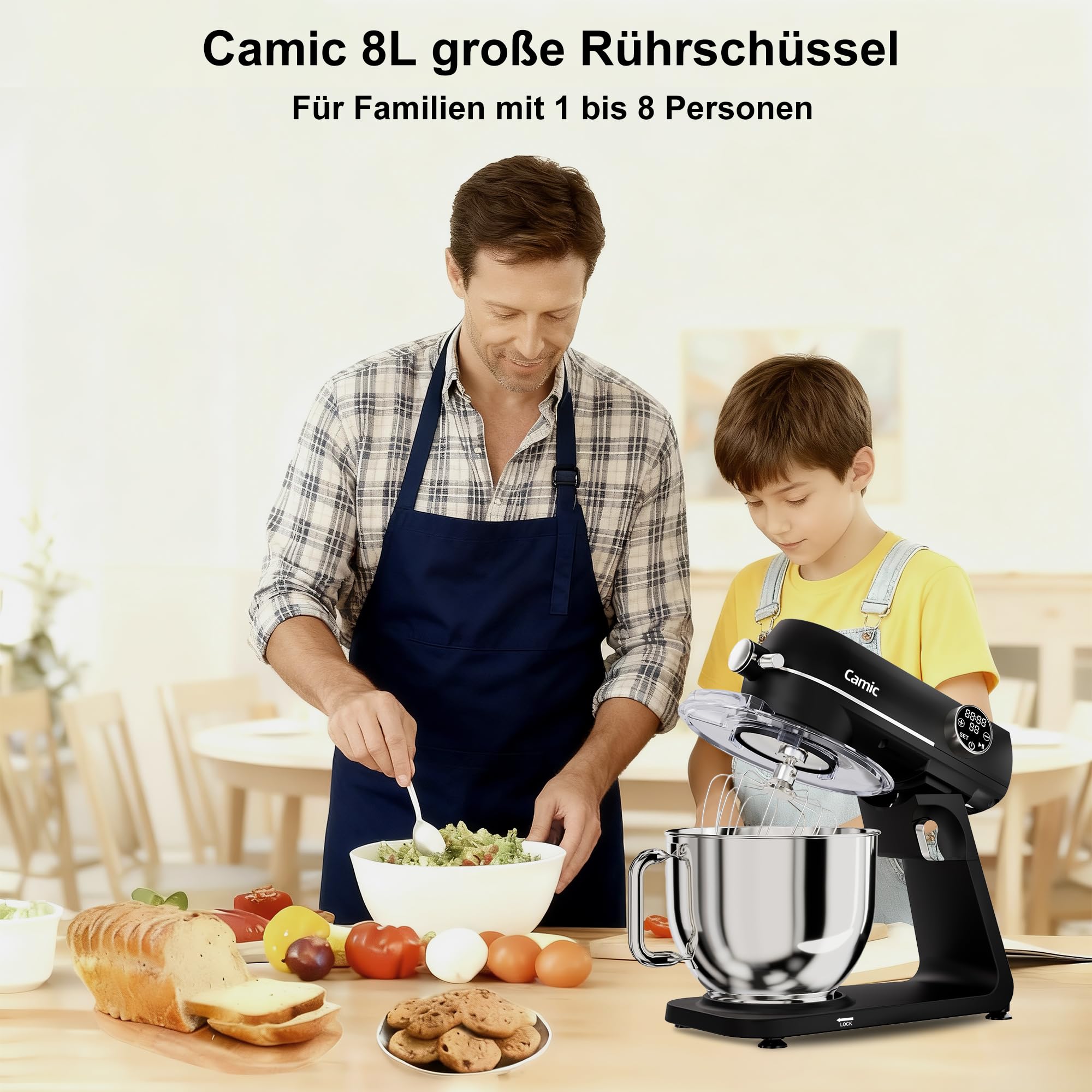 Camic Küchenmaschine 1800W, 8L Knetmaschine aus Vollmetall mit 10 Stufen, digitaler Touchscreen, Timer, Teigmaschine mit Schneebesen, Knethaken und Rührbesen zum Backen von Kuchen, Keksen und Brot