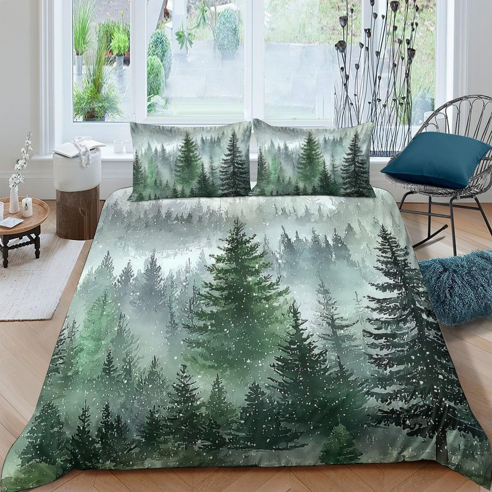 Ctjqhvkz Style-8 3D Printed Misty Pine Forest Fitted Sheet Microfiber Soft Green Woodland Mattress Cover For Bedroom Guest Room Decor Single（135X200cm）