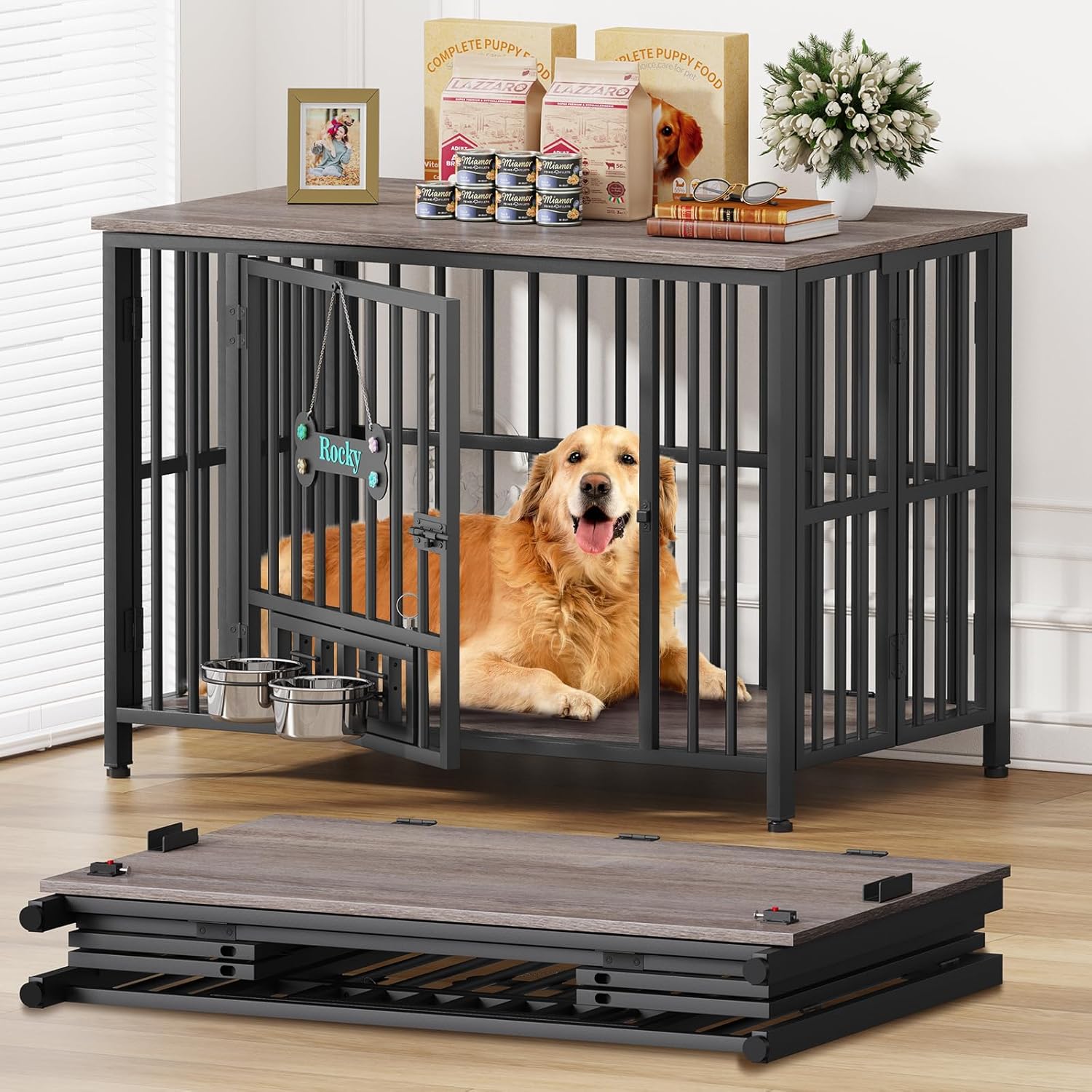 Easycom 41″ Dog Crate Furniture Foldable, No Assembly Decorative Dog Kennel Indoor, Dog Crates for Large Dogs (40-75 lbs), Wooden Dog Cage with Adjustable Bowls and Name Tag, End Table, Oak Grey