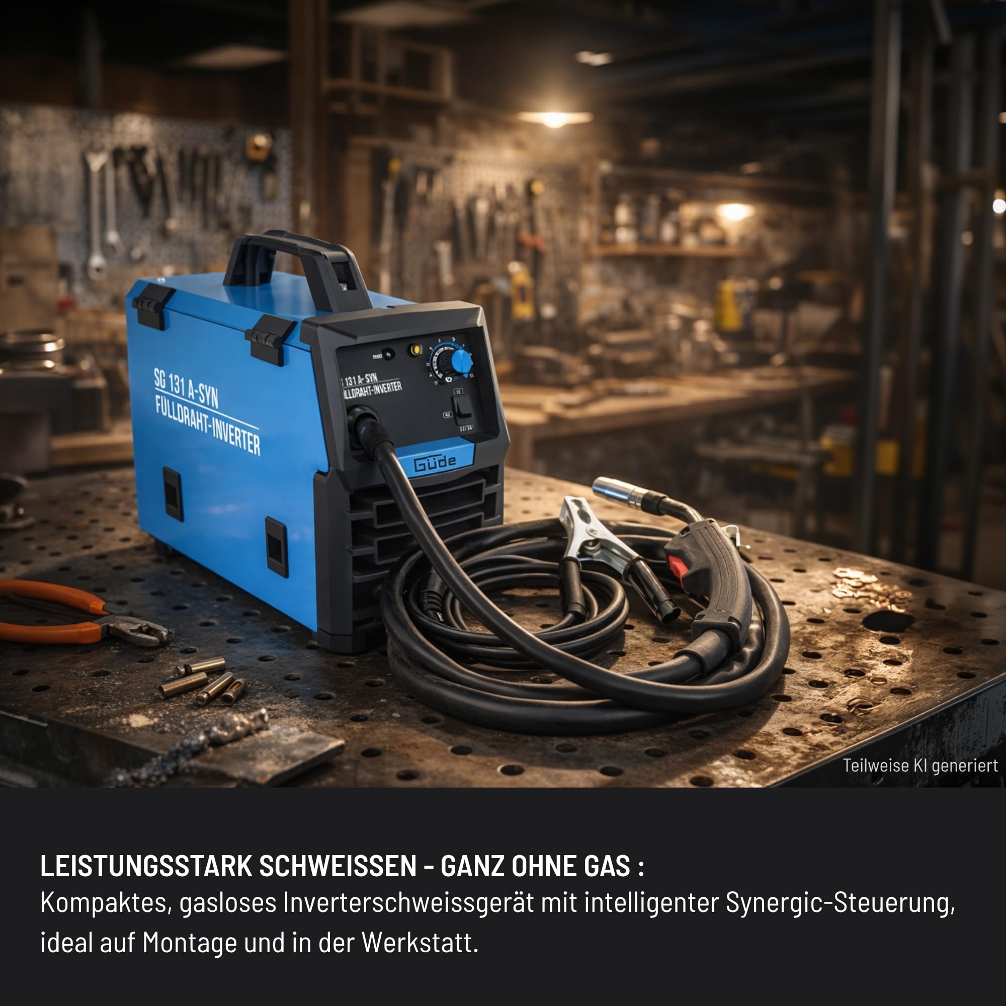 Güde Spawarka do drutu napełniającego SG 131 A-SYN (230 V, technologia inwerterowa, do drutu 9 mm, maks. natężenie prądu 120 A, w zestawie osłona spawalnicza, pakiet węży, drut wypełniający, młotek