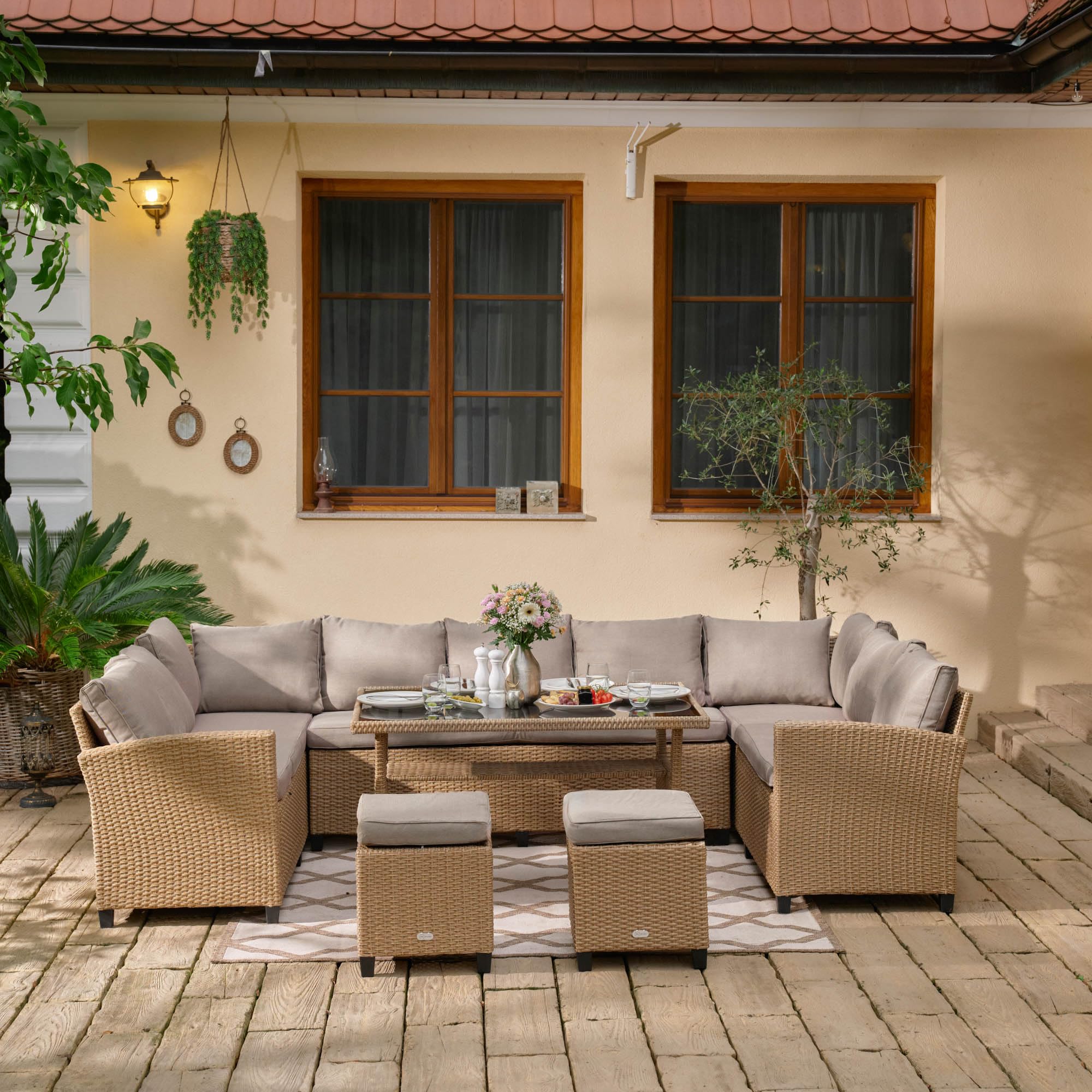 di volio Gartenmöbel-Set Polyrattan Lounge für 9 Personen Outdoor Livorno | Ecksofa, 2 Hocker, Tisch, Sitz- und Rückenkissen, Stahlrahmen, UV-beständig, pflegeleicht, Terrasse