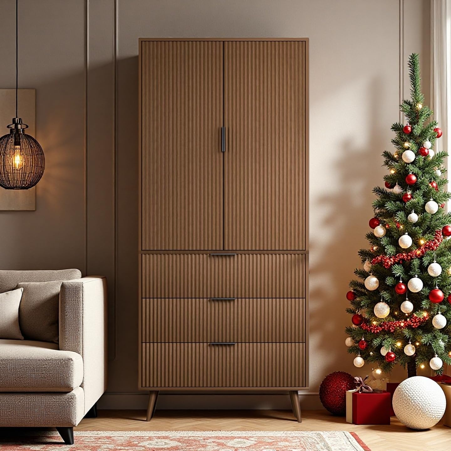 FONTOI Storage Cabinet, Kitchen Pantry Storage Cabinet with 3 Drawers 2 Doors, Wood Cupboard with Adjustable Shelves & Fluted Panel Design, Tall Home Pantry for Living Room, Kitchen, Walnut