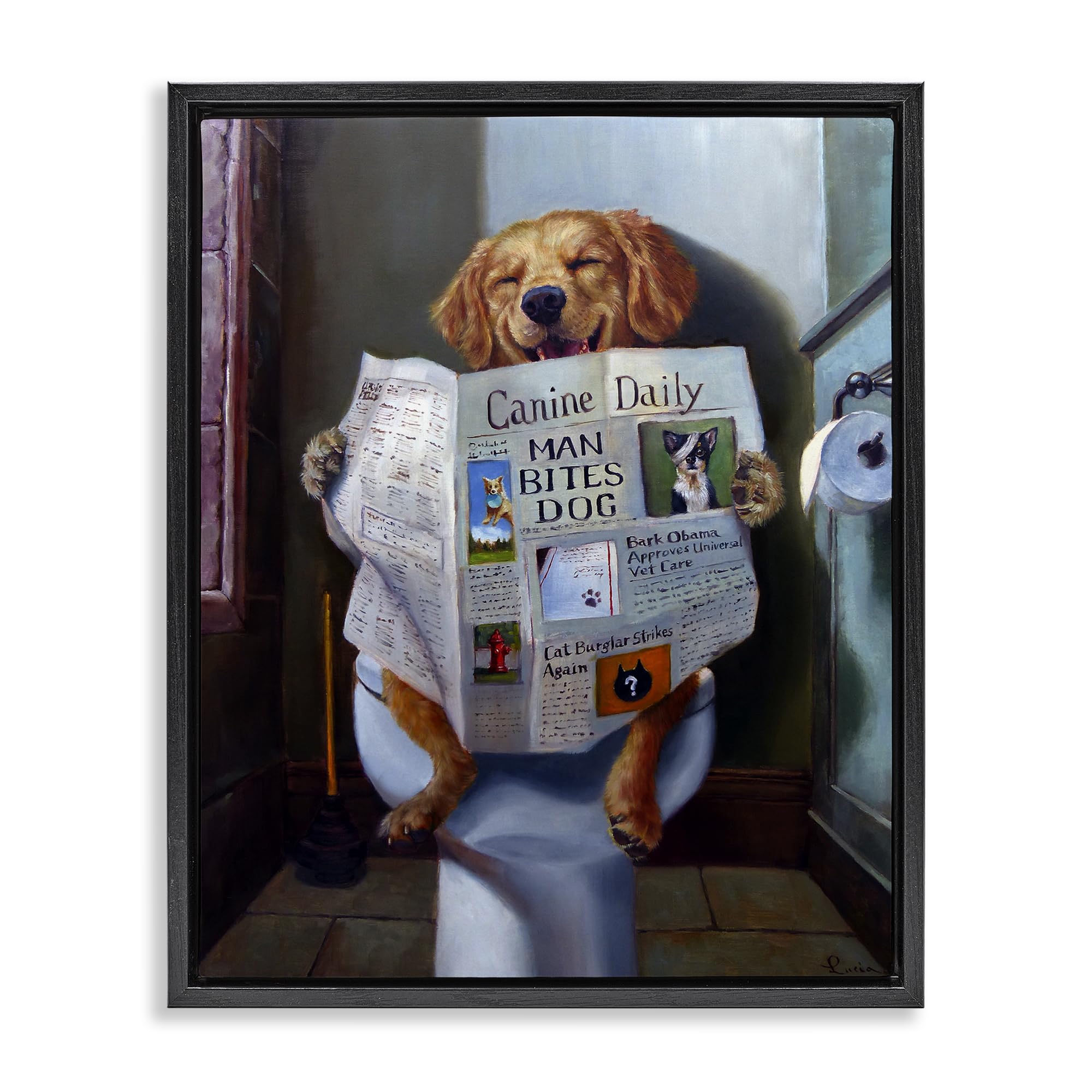 Funny Dog Bathroom Comic, 25 x 31 Inch Canvas in Floater Frame