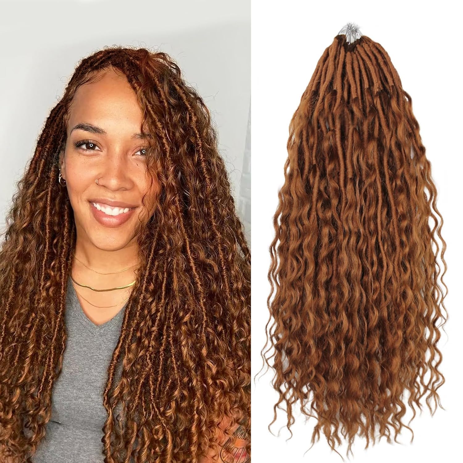 Boho Faux Locs With Curly Pure Protein Fiber Close to Human Hair Curls 24 Inch Pre-Looped Crochet Goddess Faux Locs Bohemian Loc Crochet Hair For Women(24Inch 30#)
