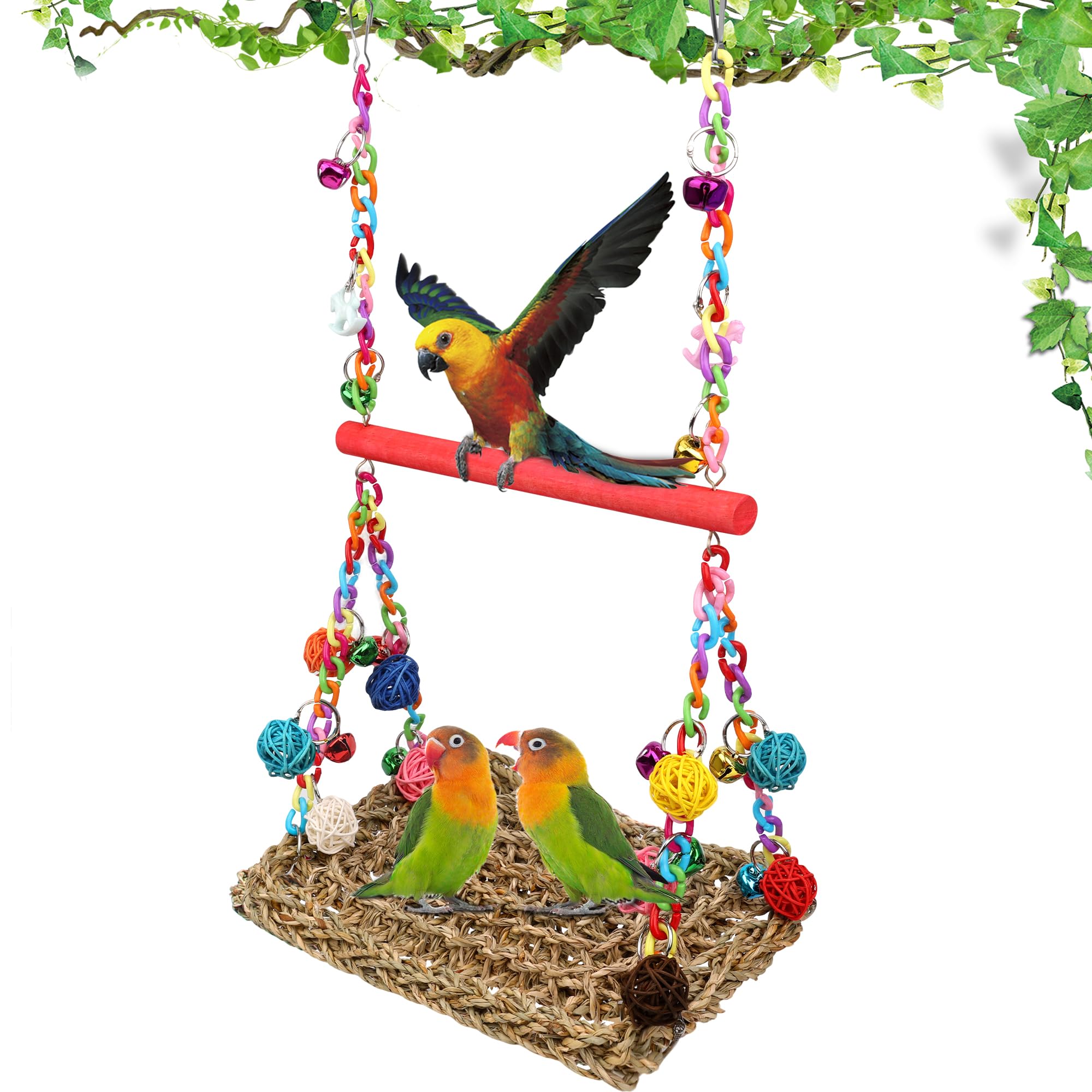 Bird Swing Mat with Wood Perch, AHIER Seagrass Bird Hammock for Conures with Chewing Toy for Parakeets, Budgie, Cockatiel Cage Accessories (Rose-Pink Pole)