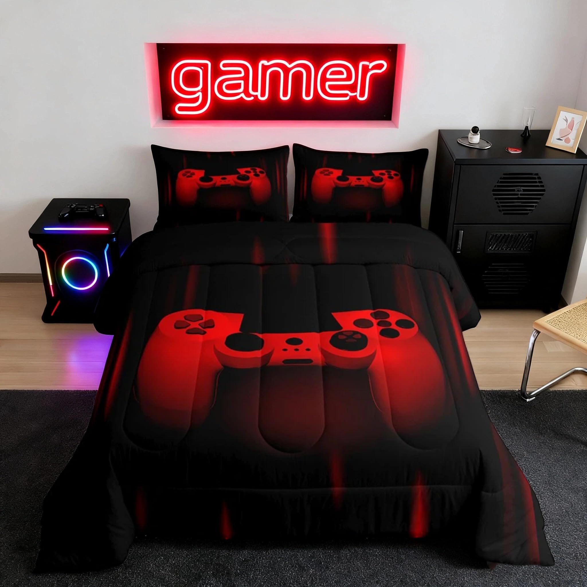 Feelyou Twin Comforter Set for Boys Gamer Bedding Set for Boys Kids Gaming Comforter Red Black Teen Child Gamer Room Decor Soft Game Geometric Duvet