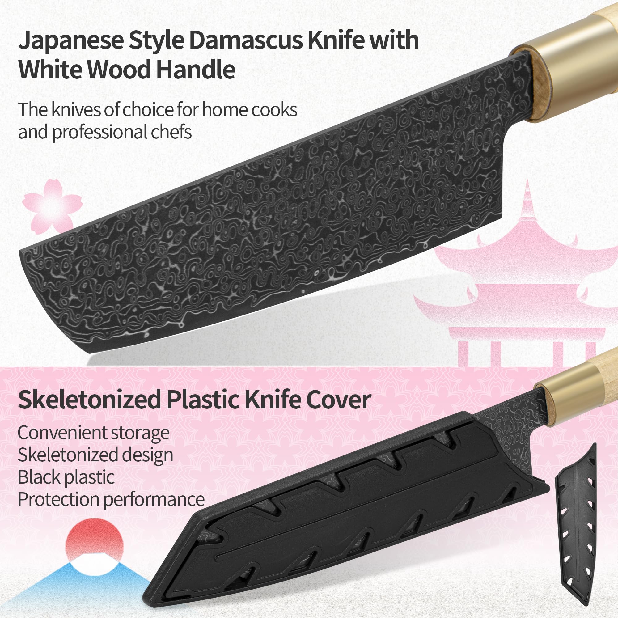 FULLHI Japanisches Messer Schwarzer Damaszener Stahl mit Scheide, Holzgriff Gyutou sashimi Kochmesser Küchenmesser mit Box für Mann Frauen Geschenk (Nakiri-Messer)