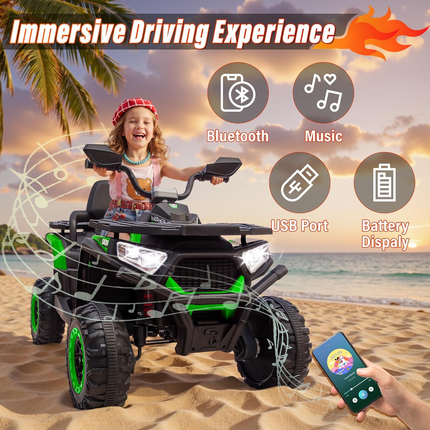 24V Ride On Car for Kids with Remote Control, 4X4 Kids ATV 4 Wheeler w/800W Motor, Battery Powered Electric Vehicle Quad w/Beverage Port, Kneepads, Gift Flower, Spring Suspension, Bluetooth