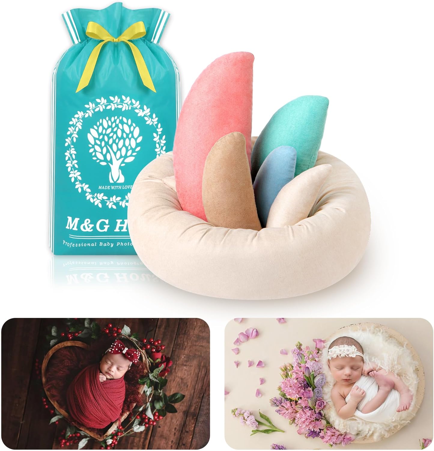 M&G House Newborn Photography Props - 6pcs Baby Photoshoot Props, Adjustable Photography Props Fits 0-6 Months Baby, Ultra-Soft Photo Donut Posing Pillow Basket - Multicolor Beige