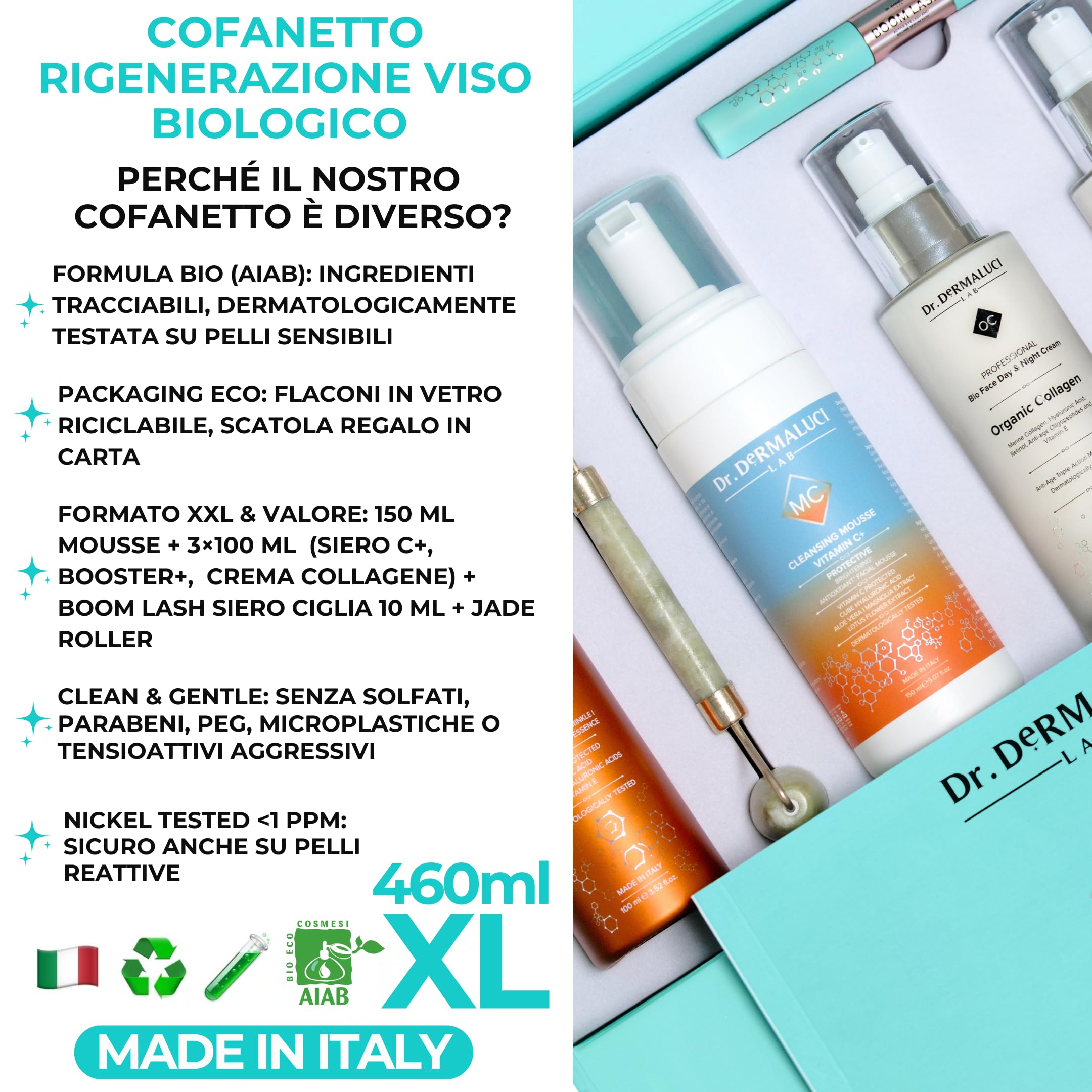 Dr. Dermaluci Lab - Cofanetto Regalo Donna/Uomo Compleanno BIO 460ml - Antirughe, Idratante - Mousse + Siero Vitamina C + Booster + Crema Collagene + Rullo Giada + Siero Ciglia - Made in Italy