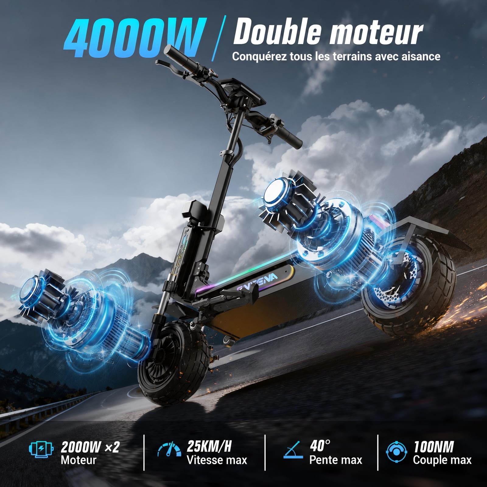 Trottinette Électrique Tout Terrain, Scooter Électrique Adulte, Double Moteur, Batterie 60V 27Ah, Autonomie 120 km, Pneus Tubeless 11 Pouces, Freins Hydrauliques, NFC, Charge Max 150 kg