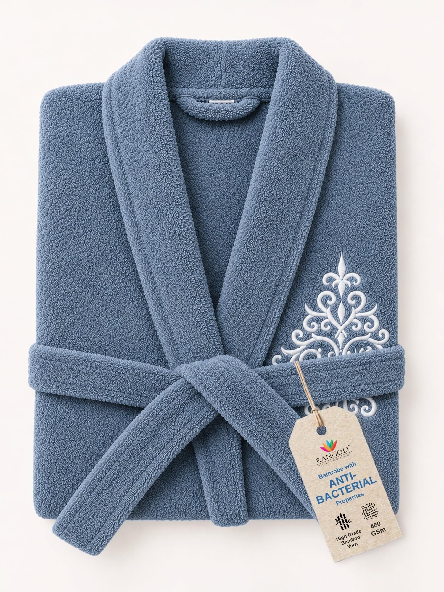 RANGOLI Royal Bamboo Premium Bathrobe For Men | Ultra Soft Bamboo Yarn Lightweight Bathing Robes | 460 GSM Highly Absorbent & Quick Drying Luxurious Bath Gown | Knee Length Bath Robe- Blue.