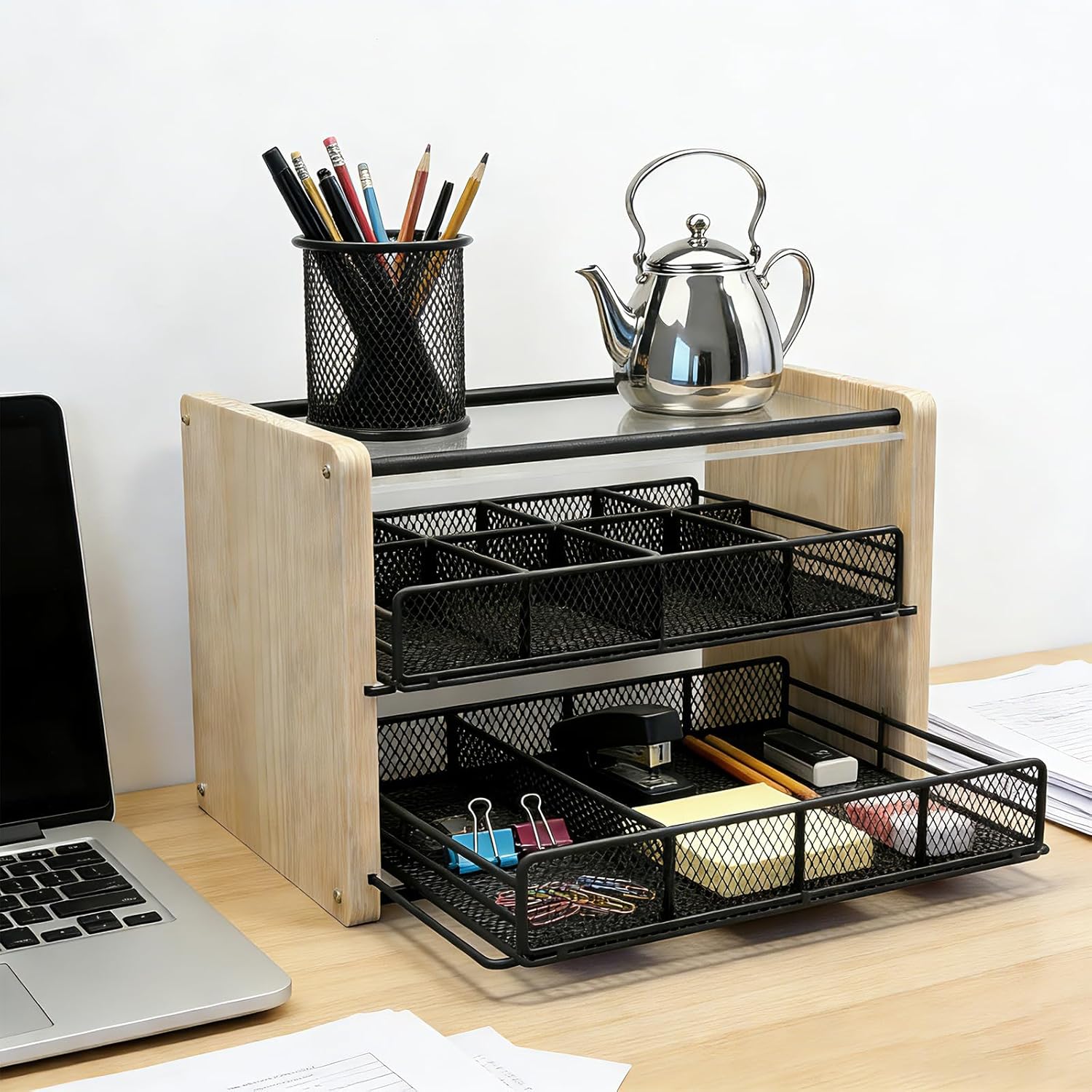 Tea Bag Organizer 3 Tier Tea Bag Holder with 16 Compartments Wooden Tea Organizer and Storage Tea Station Chest for Kitchen, Countertop, Office, Tea Station