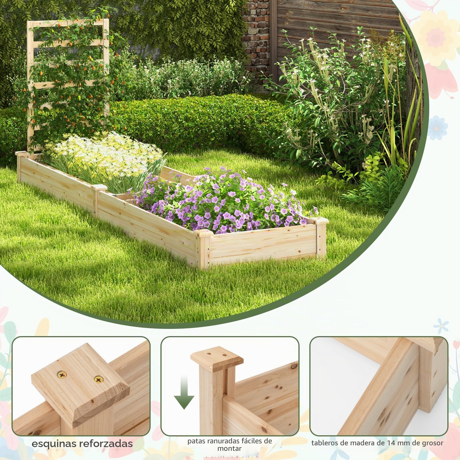 GOPLUS Jardinera con enrejado, bancal alto con enrejado, jardinera con suelo abierto, enrejado de madera de abeto, bancal de hierbas para patio, terraza (235 x 63 x 102 cm)