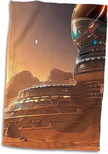 3dRose 15x22 Hand Towel - Fantasy Settlement on Mars in The Evening. Cool Digital Art for You Alexis Design - Space Mars Planet Fantasy