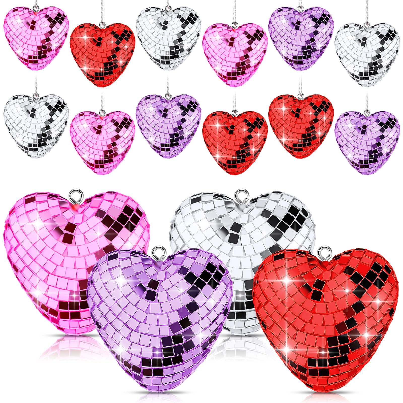 Ziliny 24 Pcs Valentine's Day Heart Shaped Disco Balls Mirror Disco Ball Decor Heart Hanging Ornaments Tree Baubles Plastic Heart Decoration for Valentine's Day Wedding Party Supplies (Colorful)