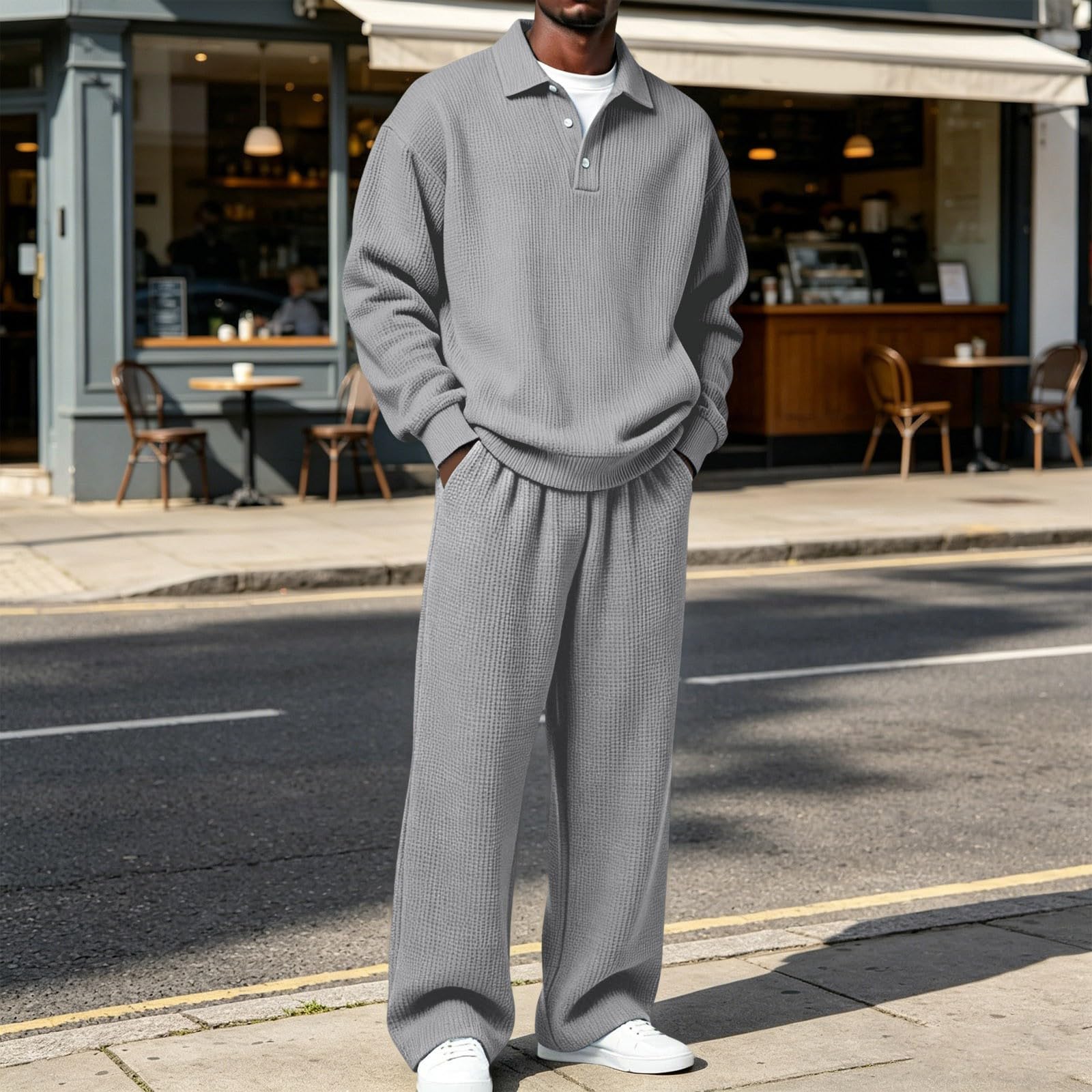 Tuta da jogging da uomo, in cotone, lunga, set da 2 pezzi, con felpa e pantaloni da jogging, alla moda, motivo a nido d'ape, per attività all'aperto, casual, streetwear, comoda tuta per il tempo