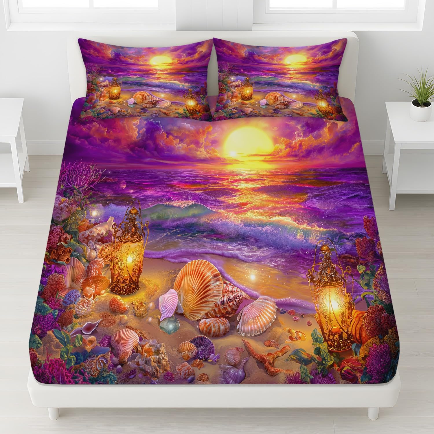Nadmorskie prześcieradło z krajobrazem 90 x 200 cm miseczki 30 cm, romantyczne fale muszle oceanu Pokrowiec na materac z mikrofibry z zakładką 30 cm - komplet pościeli odporny na zagniecenia