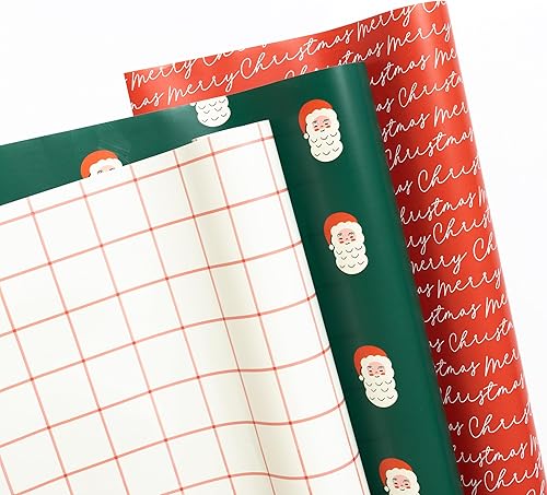 Miniatura 5 de Merry Market Paquete de 6 papeles de regalo de Navidad satinados de alta calidad, papel de regalo mínimo para vacaciones, rayas rojas, estampado de